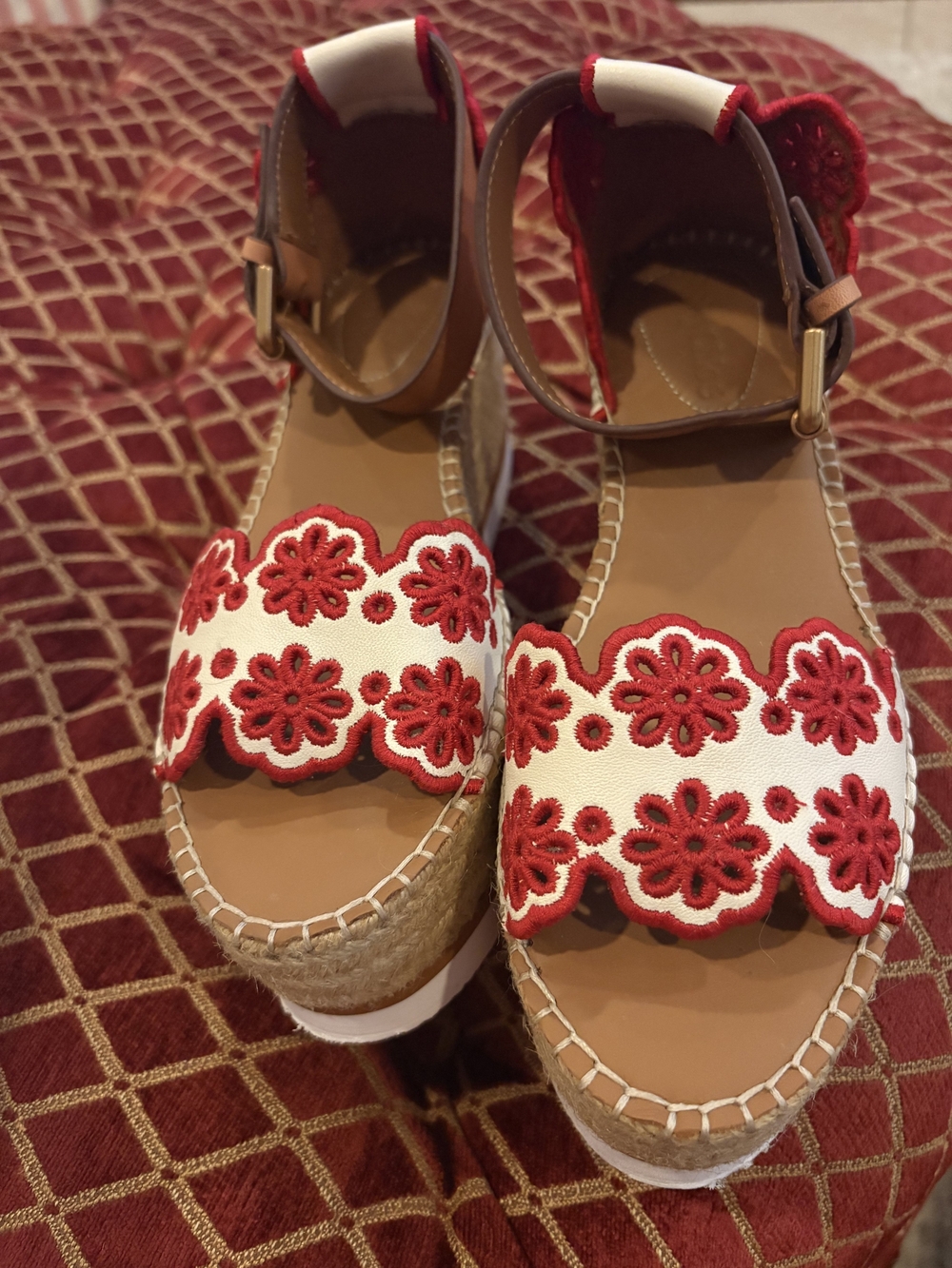 See By Chloe Red Floral Embroidered Platform Sandals